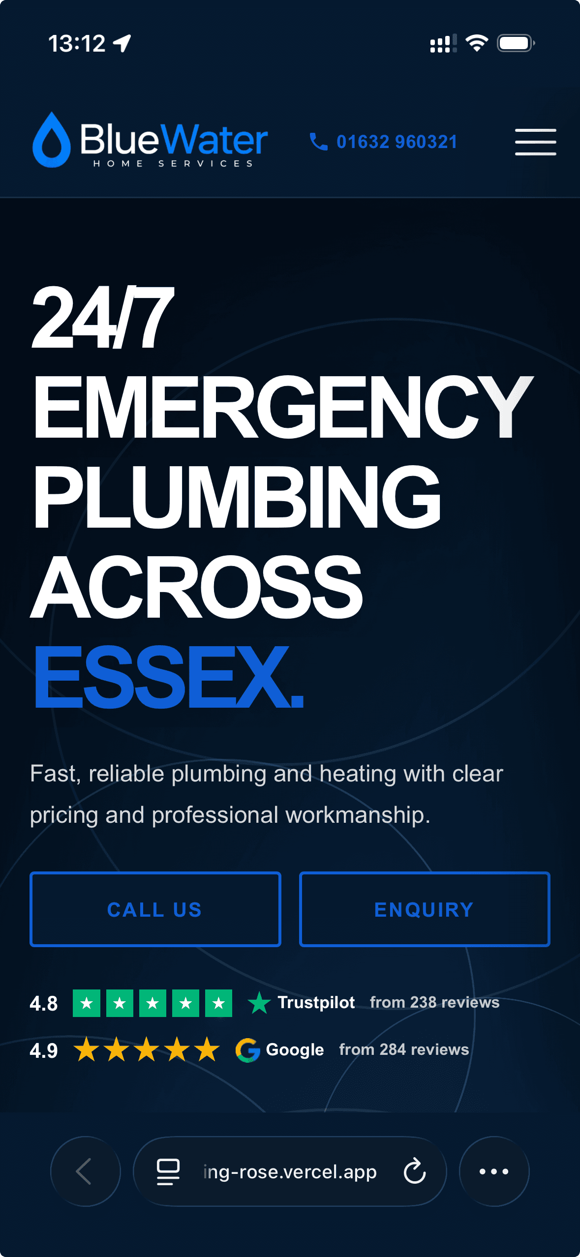 BlueWater website mobile homepage